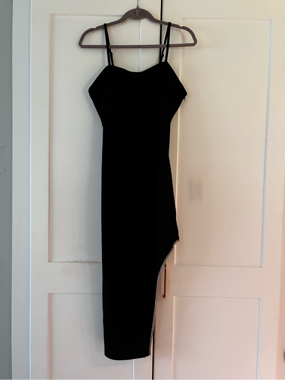 Sexy madden girl Black Asymmetric Slip Dress with Spaghetti Straps, rhinestones